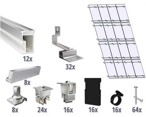 Montageset für 16 PV-Module (4x4) auf Schrägdach inkl. 12x Montageschiene 3650 mm Komponenten für die Installation von Solarmodulen