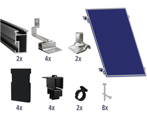 Montageset schwarz für 1 PV-Modul auf Schrägdach inkl. 2x Montageschiene 1200 mm Komponenten für die Installation von Solarmodulen, inklusive Montageschienen, Dachhaken, Modulstützen, Endkappen, Modulklemmen, Kabelclips und Schrauben