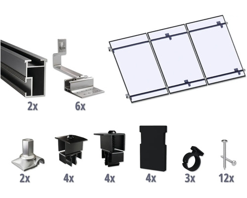 Montageset schwarz für 3 PV-Module (3x1) auf Schrägdach inkl. 2x Montageschiene 3650 mm