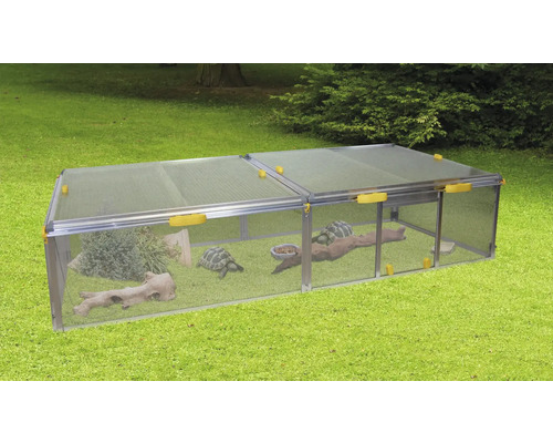 Freilaufgehege für Schildkröten im Garten mit zwei Schildkröten