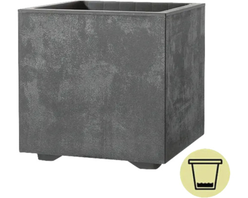 Grauer, quadratischer Pflanzkasten mit Füßen und Symbol für Wasserablauf