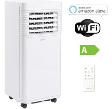 Weißes, mobiles Klimagerät mit Rollen und Fernbedienung, kompatibel mit Amazon Alexa, mit WLAN Funktion und Energieeffizienzklasse A.