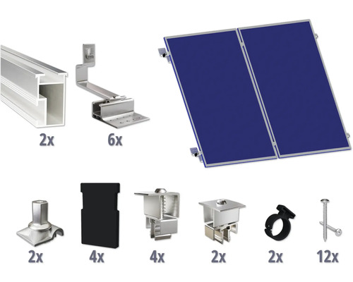 Montageset für 2 PV-Module (2x1) auf Schrägdach inkl. 2x Montageschiene 2400 mm Komponenten für die Installation von zwei Solarmodulen