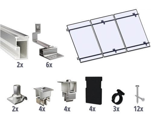 Montageset für 3 PV-Module (3x1) auf Schrägdach inkl. 2x Montageschiene 3650 mm Komponenten für eine Solaranlage