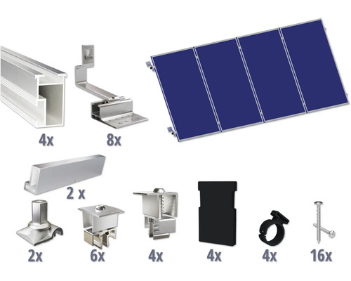 Montageset für 4 PV-Module (4x1) auf Schrägdach inkl. 4x Montageschiene 2400 mm Komponenten für die Installation einer Solaranlage auf einem Dach, inklusive vier Solarmodule