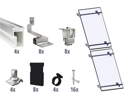 Montageset für 2 PV-Module (1x2) auf Schrägdach inkl. 4x Montageschiene 1200 mm Komponenten für die Installation von Solarmodulen auf einem Dach