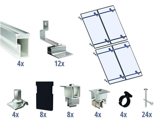 Montageset für 4 PV-Module (2x2) auf Schrägdach inkl. 4x Montageschiene 2400 mm Komponenten für die Solarmodulmontage