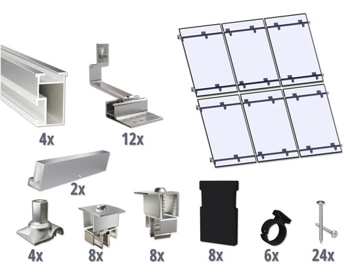 Montageset für 6 PV-Module (3x2) auf Schrägdach inkl. 4x Montageschiene 3650 mm Montage Set für Solaranlagen mit Schienen, Haken, Klemmen und Schrauben