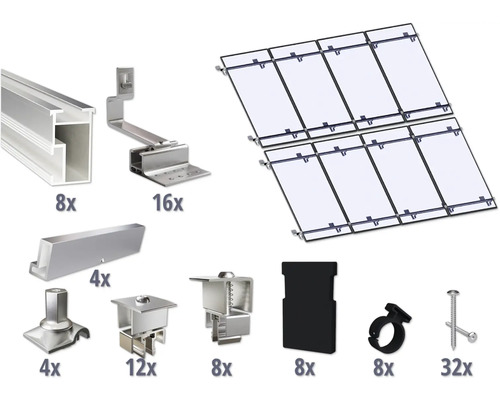 Montageset für 8 PV-Module (4x2) auf Schrägdach inkl. 8x Montageschiene 2400 mm Solarbefestigungssystem mit Schienen, Haken, Klemmen und Schrauben zur Montage von Solarmodulen