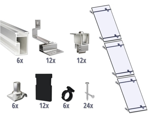 Montageset für 3 PV-Module (1x3) auf Schrägdach inkl. 6x Montageschiene 1200 mm Komplettset für die Montage von Solarmodulen auf Dächern