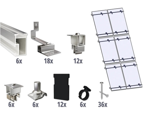 Montageset für 6 PV-Module (2x3) auf Schrägdach inkl. 4x Montageschiene 2400 mm Komplettset für Photovoltaikanlage mit Montageprofilen, Dachhaken, Modulklemmen und Verbindungselementen