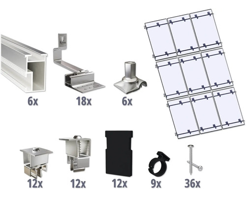 Montageset für 9 PV-Module (3x3) auf Schrägdach inkl. 6x Montageschiene 3650 mm Komponenten für die Installation von Solaranlagen.