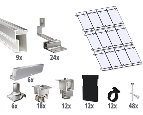 Montageset für 12 PV-Module (4x3) auf Schrägdach inkl. 9x Montageschiene 3650 mm Solaranlage Montagebausatz mit verschiedenen Komponenten und Zubehör