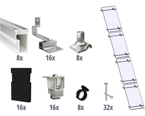 Montageset für 4 PV-Module (1x4) auf Schrägdach inkl. 8x Montageschiene 1200 mm Montagesatz für Solarmodule mit Profilschienen, Dachhaken, Modulendklemmen, Mittelklemmen, Dachdurchführungen, Kabelclips, Schrauben und Blindstopfen