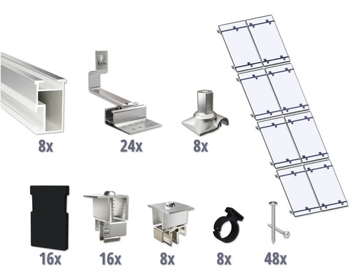 Montageset für 8 PV-Module (2x4) auf Schrägdach inkl. 8x Montageschiene 2400 mm Komponenten für die Montage von Solarmodulen auf einem Dach, einschließlich Schienen, Haken und Befestigungen.