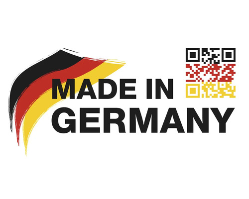 Hergestellt in Deutschland Siegel mit Deutschlandflagge und QR-Code