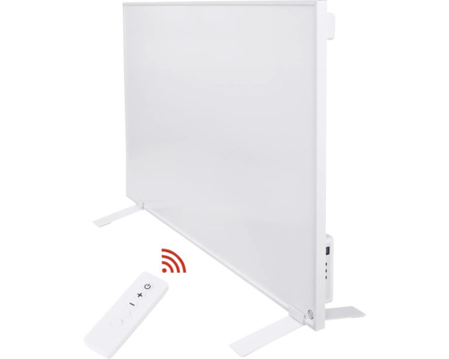 Weißer Heizkörper mit Fernbedienung auf Füßen stehend