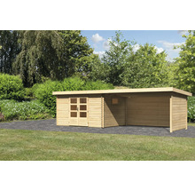 Holzgartenhaus mit Doppeltür und Carport im Garten.