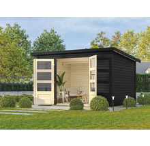 Modernes Gartenhaus mit Doppeltür und Fenstern im Garten.