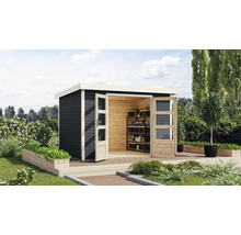 Gartenhaus mit geöffneten Doppeltüren und Regalen im Inneren
