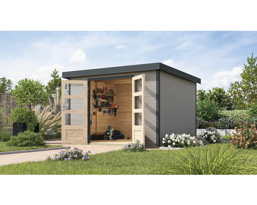 Gartenhaus Karibu Metalwood 5D Blech anthrazit 320,5 x 266,5 cm wassergrau Gartenhaus mit Doppeltür im Außenbereich mit Werkzeugen und Pflanzen
