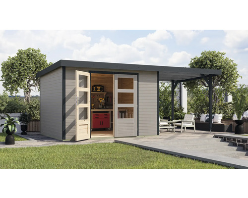 Gartenhaus Karibu Metalwood 5D Blech anthrazit inkl. Anbaudach 2,35 m 541,5 x 266,5 cm wassergrau Gartenhaus Karibu Metalwood 5D Blech anthrazit inkl. Anbaudach 2,35 m 541,5 x 266,5 cm wassergrau