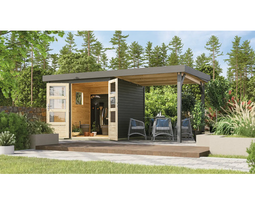 Gartenhaus mit Terrasse und Sitzgelegenheit im Garten