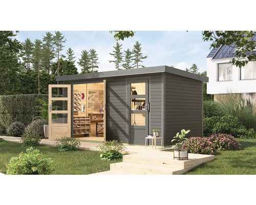 Gartenhaus Karibu Merkuras B Metall graualuminium 431,5 x 235 cm terragrau Modernes Gartenhaus mit geöffneter Tür und Werkzeugwand im Garten