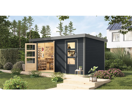 Gartenhaus Karibu Merkuras C Metall graualuminium 431,5 x 235 cm anthrazit Modernes Gartenhaus mit Werkbank und Regalen im Garten