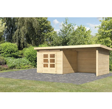Holzgartenhaus mit Doppeltür und seitlichem Unterstand im Garten.