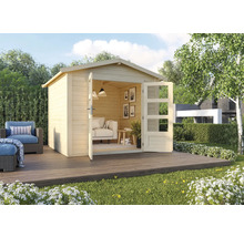 Holz Gartenhaus mit geöffneten Türen auf einer Terrasse