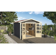 Modernes Gartenhaus mit Doppeltür und Inneneinrichtung als Büro