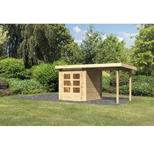 Holzgartenhaus mit Vordach im Garten.