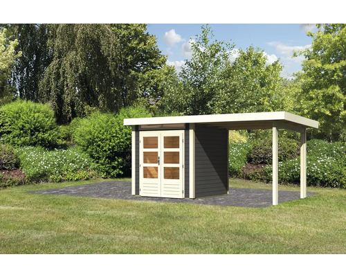Gartenhaus Karibu Skandi 1 inkl. Anbaudach 2,35 m 451,5 x 232 cm terragrau Gartenhaus mit Anbau und Doppeltür auf Rasenfläche