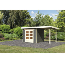 Gartenhaus mit Überdachung aus Holz auf gepflasterter Fläche