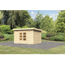 Holzgartenhaus mit Flachdach und Doppeltür im Garten