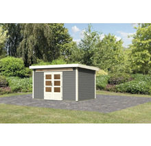 Gartenhaus mit Doppeltür auf gepflasterter Fläche im Garten