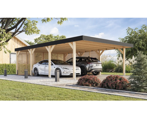 Doppelcarport aus Holz mit zwei Autos