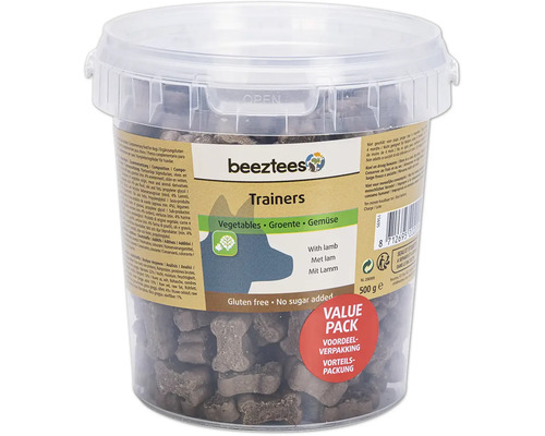 Beeztees Trainers Hundesnacks mit Lamm, glutenfrei und ohne Zuckerzusatz in einer transparenten Dose