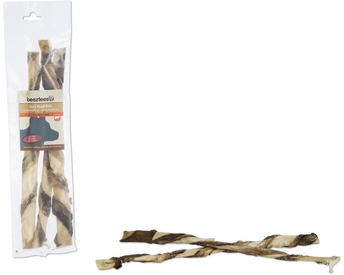 Beetztees Rinderkopfhaut-Snacks in einer Verpackung und zwei einzelne Snacks