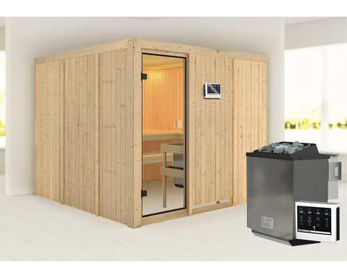 Elementsauna Karibu Arvika inkl. 9 kW Bio Ofen zu.ext.Steuerung ohne Dachkranz mit bronzierter Ganzglastüre