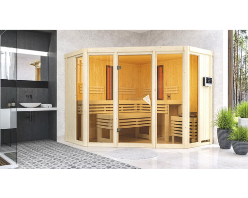 Elementsauna Karibu Astaria inkl. 9 kW Bio Ofen u.ext.Steuerung ohne Dachkranz mit bronzierter Ganzglastüre