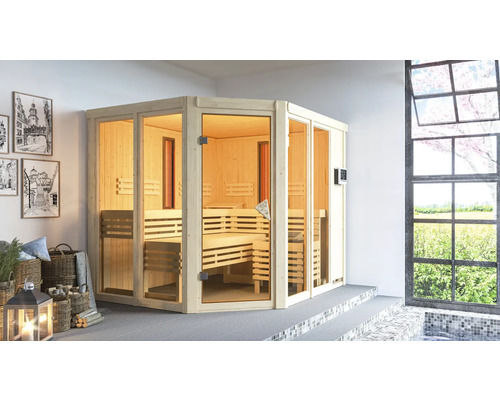 Elementsauna Karibu Avara inkl. 9 kW Ofen u.ext.Steuerung ohne Dachkranz mit bronzierter Ganzglastüre