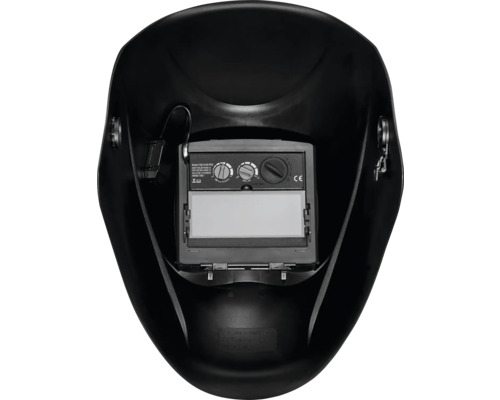 Innenseite einer schwarzen Schweißmaske mit Sichtfenster und Einstellreglern