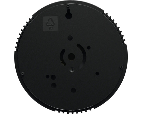 Runde, schwarze LED-Leuchte von unten mit PC-Recycling-Symbol und Befestigungslöchern.