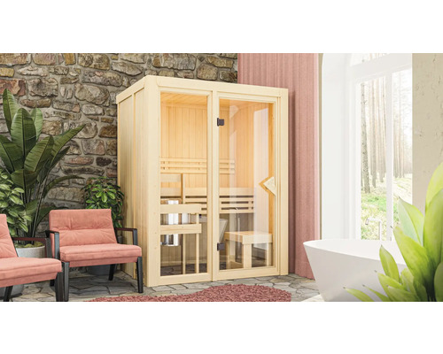 Elementsauna Karibu Avarni 1 ohne Ofen und Dachkranz mit bronzierter Ganzglastüre Innenraumansicht einer Sauna mit Glasfront und Holzbänken in einem Badezimmer.