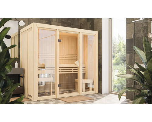Elementsauna Karibu Avarni 2 ohne Ofen und Dachkranz mit bronzierter Ganzglastüre Innenraumansicht einer Sauna mit Glasfront und Holzeinrichtung in einem Badezimmer