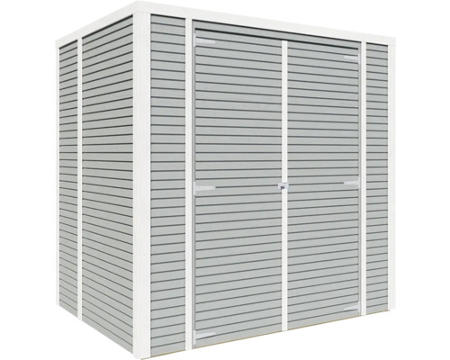 Metall Gartenhaus mit Doppeltür und horizontaler Verkleidung.