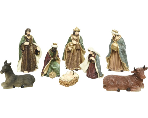 Krippenfigurenset mit Jesuskind, Maria, Josef, den Heiligen Drei Königen, einem Esel und einem Ochsen