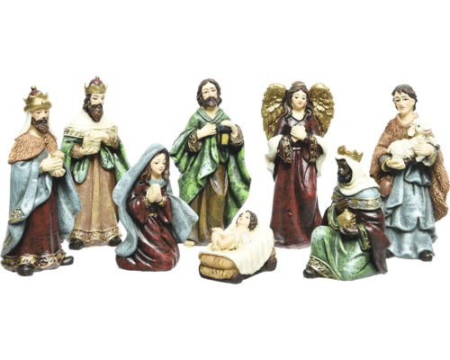 Krippenfiguren-Set mit Jesuskind, Maria, Josef, den Heiligen Drei Königen, Engel und Hirte mit Schaf
